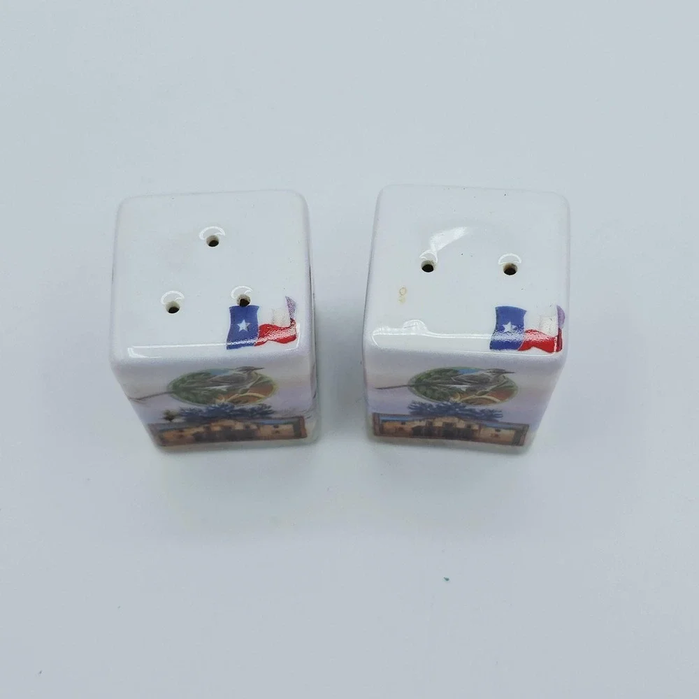 Vtg Texas Austin Souvenir Salt Pepper Shakers Ceramic Pair Bluebonnet Alamo Flag